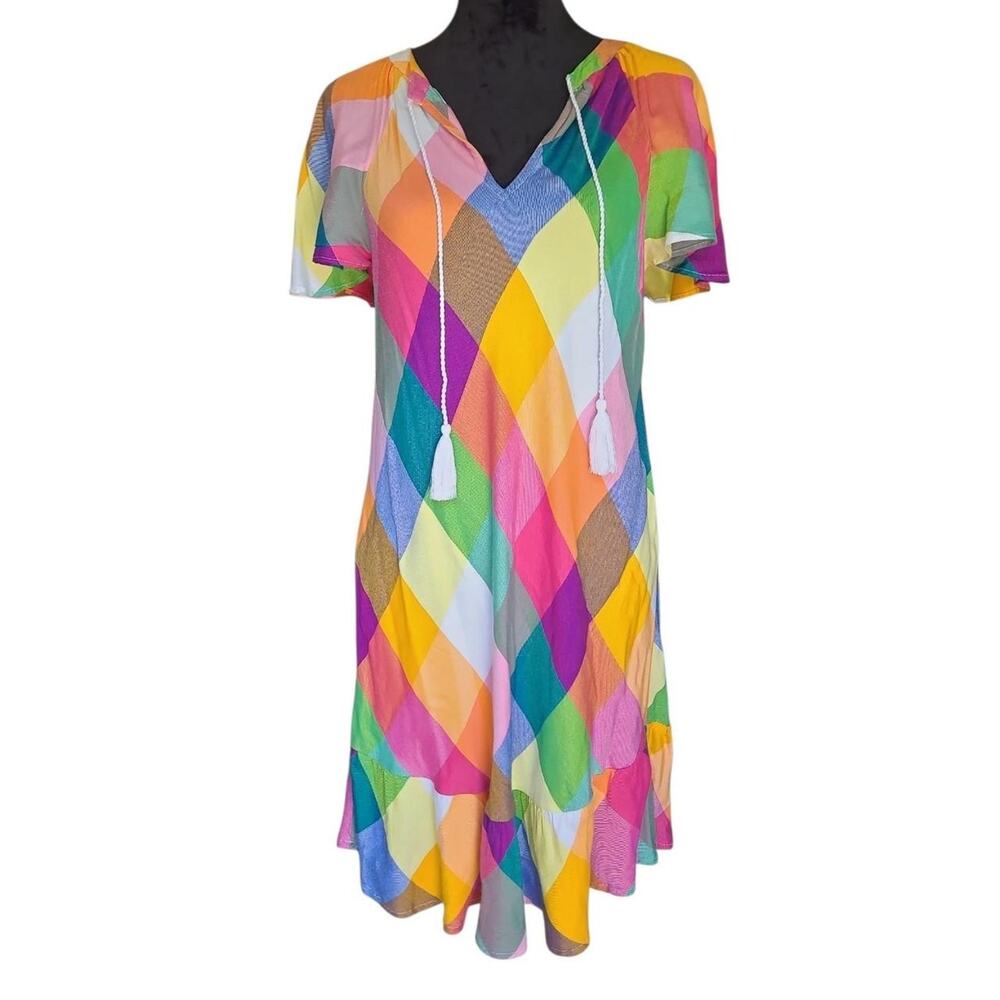Crown & Ivy Colorful Harlequin Midi Dress Tassel Tie V-Neck Boho Size Medium